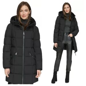 DKNY Women's Black Hooded Puffer Coat